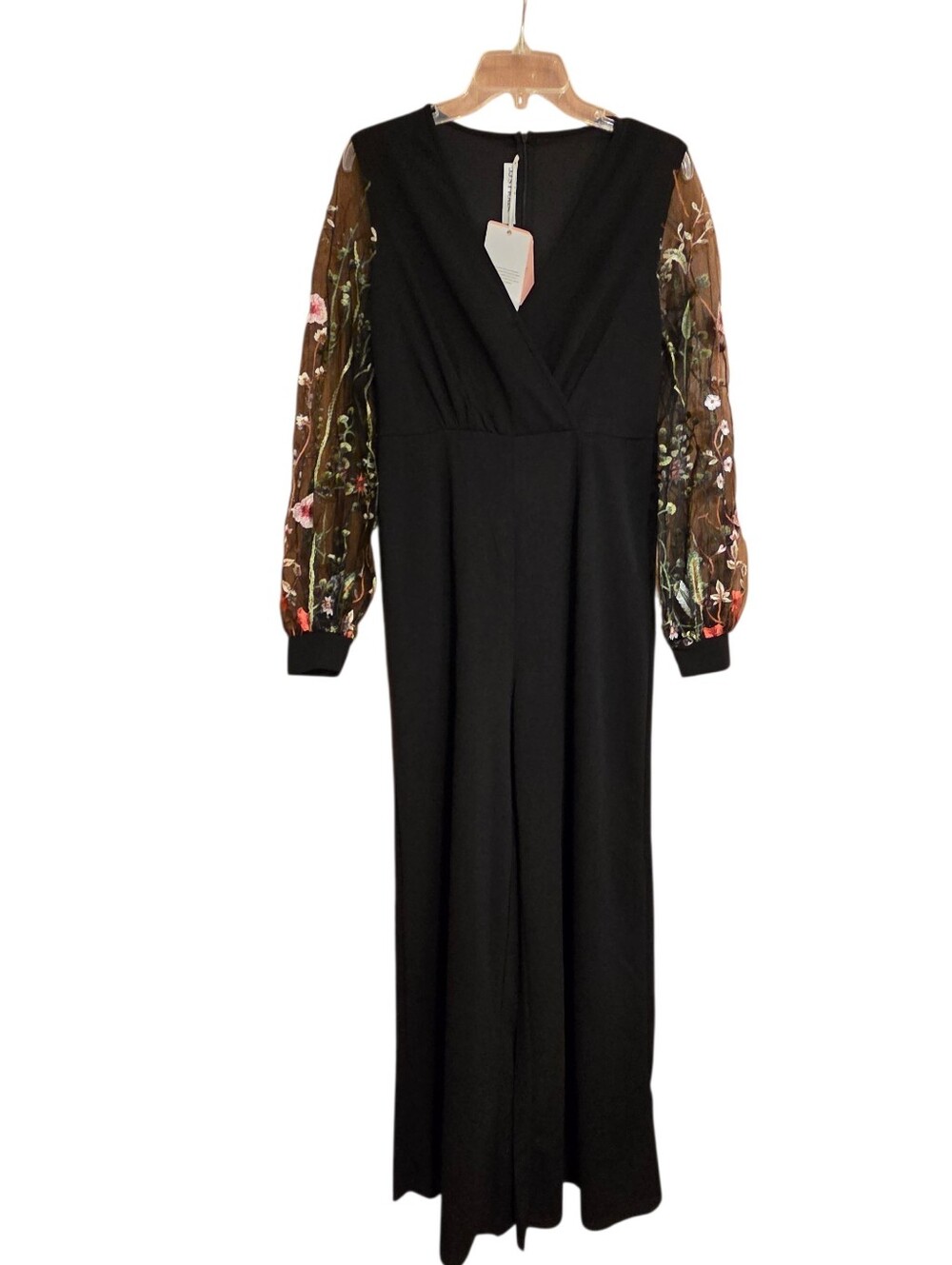 JJ's House Black Jumpsuit Floral Embrodiery Mesh Wide Leg Vneck Size Medium NWT